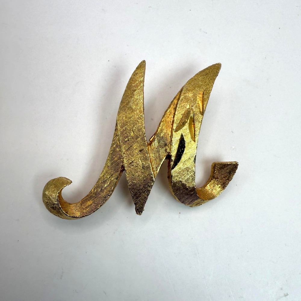 Vintage Gold Tone "M" Initial Brooch – Large Script Monogram Pin by‎ Mamselle